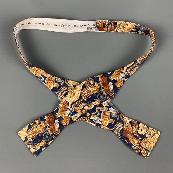 VINTAGE Tan Blue Abstract Print Silk Bow Tie - Picture 1 of 3